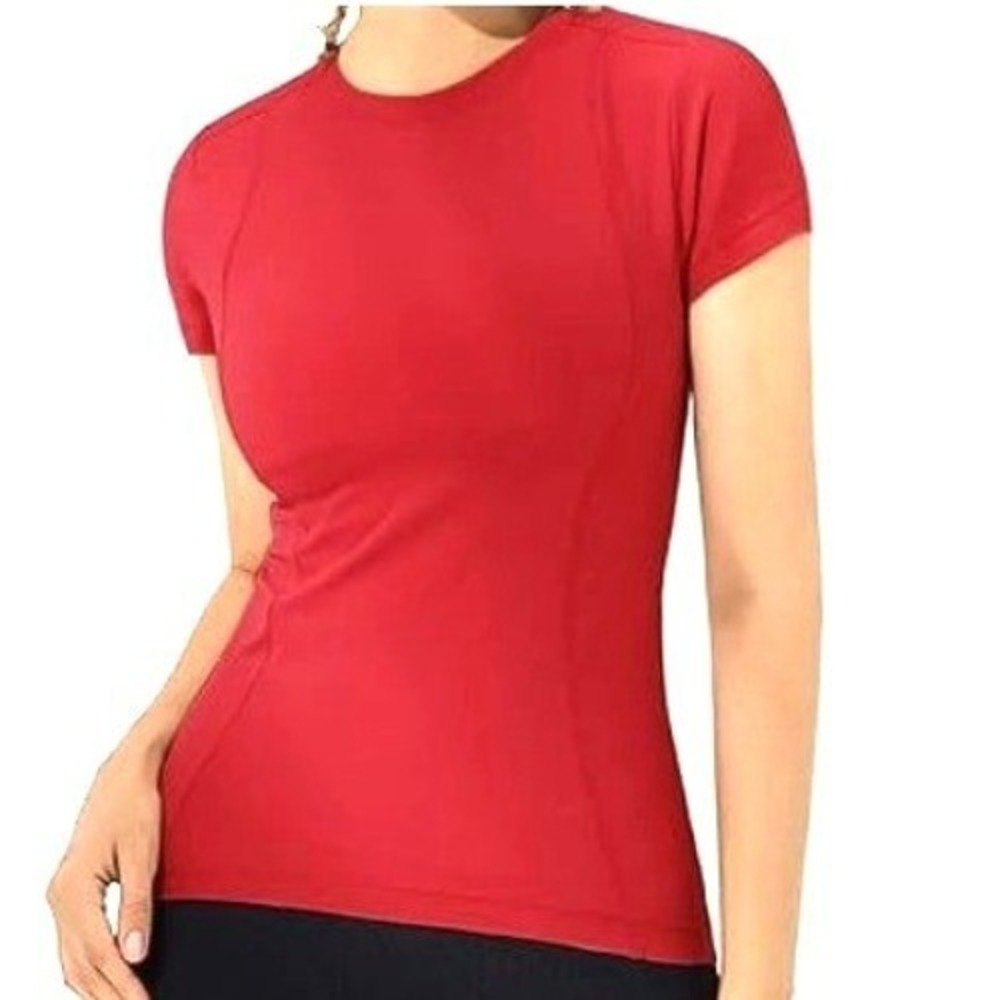 LOOVOO Women's Large Red Compression Tee Dry Fit Yoga Workout Shirt Top Gym